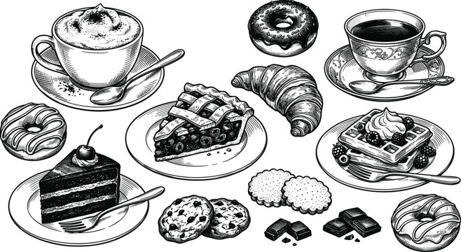 Vintage dessert and coffee vector illustration set featuring pastries waffles donuts and bakery breakfast treats