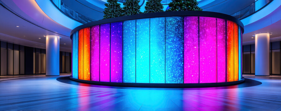Colorful light indoor atrium modern architecture glowing panel circular wall neon 4th july celebration scene inside shopping mall with vibrant