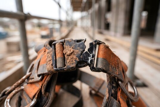 Close-up POV of cracked safety harness buckle with moderate dried mud