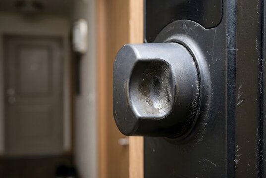 Close-up of smart lock thumb turn indent with finger grime and fine dust