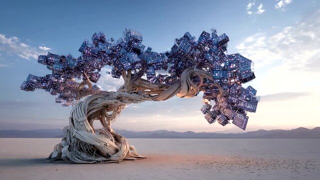 Futuristic tree sculpture with geometric shapes under sky