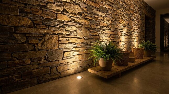 Illuminated Stone Wall and Lush Plant Accented by Warm Uplighting