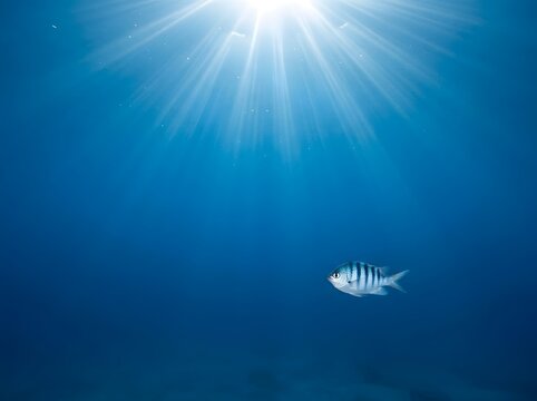 Lone striped fish swims in deep blue ocean water with sun rays shining down