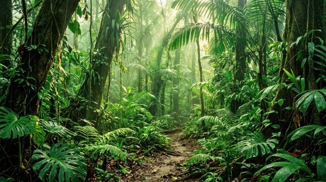 A Verdant Jungle Path Bathed in Soft Sunlight