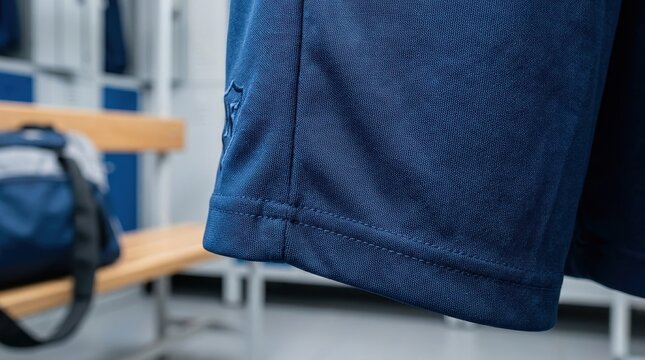 Close up of navy blue fabric detail with visible stitching and emblem