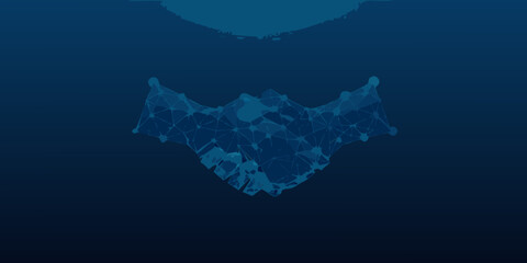 Blue wireframe handshake formed by polygonal mesh against a dark blue background high quality professional © Tapas