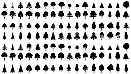 Collection of black and white tree silhouettes arranged in a grid pattern on a white background © Tapas