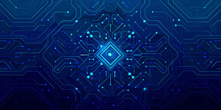 abstract circuit board pattern with glowing blue microchip at the center dark background high quality