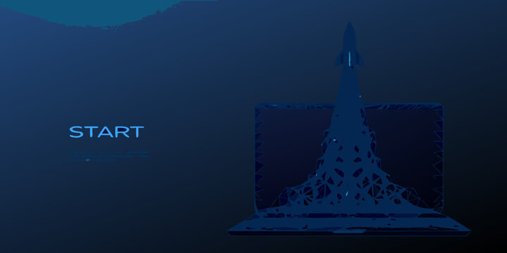 Low poly wireframe rocket launching with glowing exhaust trail on a dark blue background