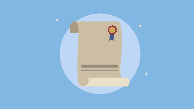 Animated graduation diploma scroll with gold seal and blue ribbon on light blue background motion graphic.