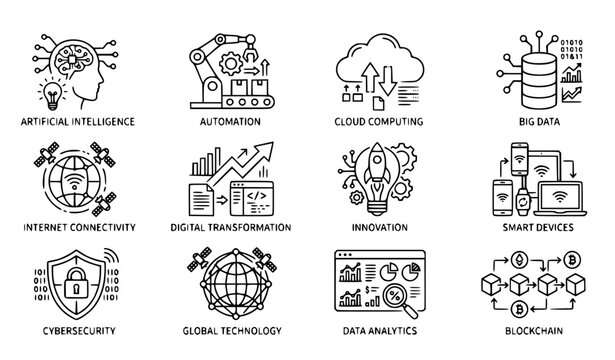 Digital revolution line editable icon set vector illustration