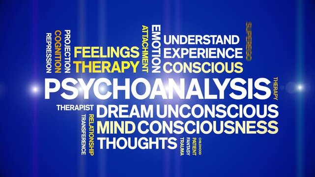 Psychoanalysis animated word cloud-text design animation tag kinetic typography seamless loop.