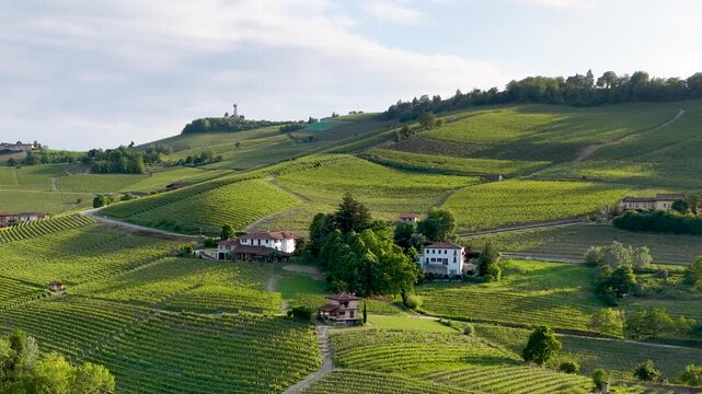 Aerial View of Rolling Barolo Vineyards and Countryside Villas in Piedmont Italy