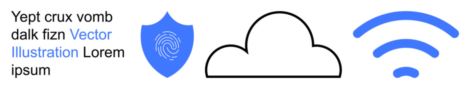 Data security, cloud computing, networking, internet access, authentication, communication. Blue shield with fingerprint, cloud wireless icon. Data security and cloud computing concept