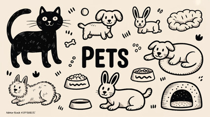 Plakat An illustration of various pets including a cat, dog, rabbit, and their accessories.