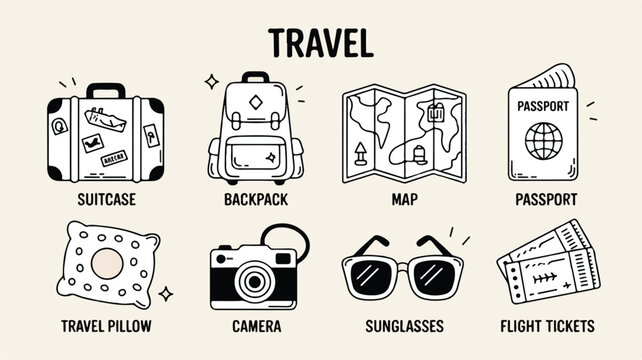 Black and white illustration depicts travel related objects on beige background