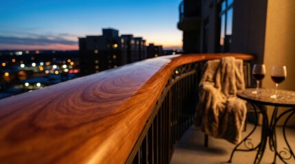 Fototapeta premium Warm cherry wood curved balcony railing showcasing intricate grain at twilight