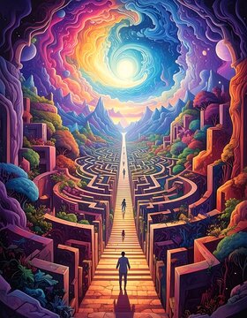 Surreal maze with person walking towards light.