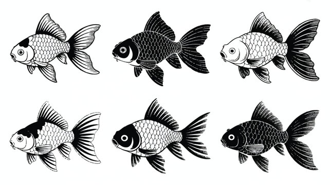 Six black and white ornamental fish illustrations in a row swimming