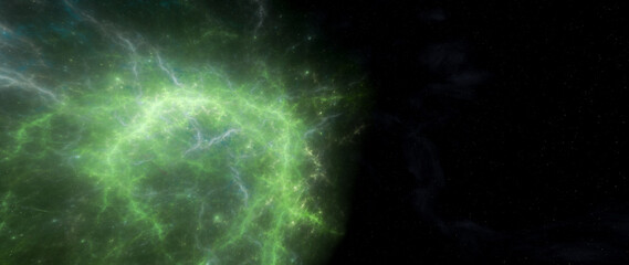 Green Nebula in Deep Space With Electric Filaments and Cosmic Dust — 3D Rendering Artwork © edb3_16