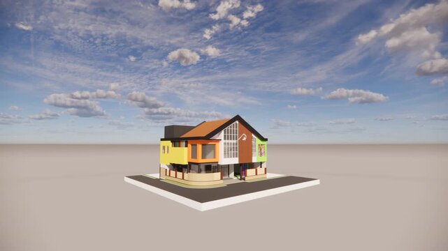 A 3D rendering of a house model with a colorful exterior, featuring a brown roof, yellow, orange, and green walls, standing on a square platform against a blue sky with scattered clouds.