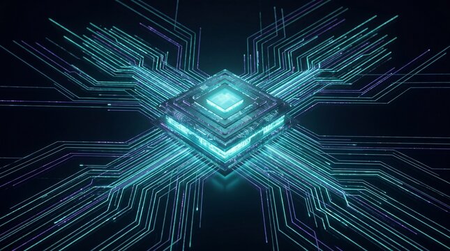Cybernetic Core: Futuristic digital design of a glowing central processing unit (CPU) at the heart of an advanced data network, suggesting technological progress and interconnectedness.