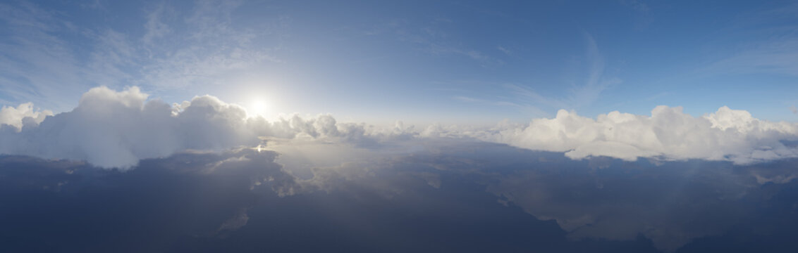 Panoramic Sunlit Clouds Over Calm Ocean With Soft Reflections &mdash; 3D Rendering Sky Panorama