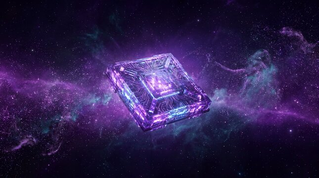 Cosmic Cube Amidst the Nebula: A radiant, geometric cube pulses with inner light, suspended within a vibrant nebula. Its form, a testament to cosmic design, floats amidst the ethereal beauty of space.