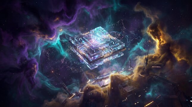 Cosmic Abstract: A celestial dance of vibrant nebulas swirls around a central, intricate crystalline structure, evoking the mysteries of the universe.