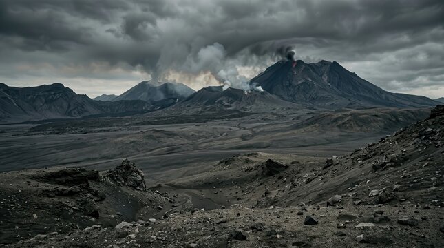 Active Volcano Spewing Smoke and Ash Amidst a Dramatic Mountain Landscape Under Stormy Skies
