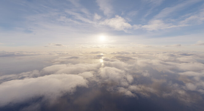 Aerial Sunrise Over Ocean Clouds With Soft Light and Serene Atmosphere &mdash; 3D Rendering
