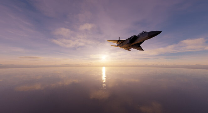 Fighter Jet Flying Over Calm Ocean At Sunset With Dramatic Clouds &mdash; 3D Rendering
