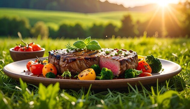 Grilled steak with vegetables on plate.