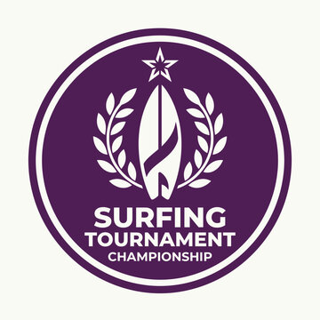 Distinctive Purple Logo of Surfing Championship Comprising a Board, Laurel Wreath, and Star Emblem