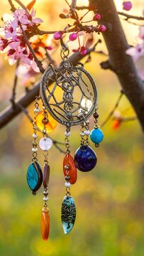 A dreamcatcher hangs from a blooming tree branch