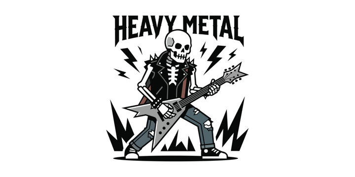 Skeleton playing guitar and text heavy metal with electric guitar hard rock t shirt rock music skeleton lightning performance musician shredding illustration merchandise attitude rebellion