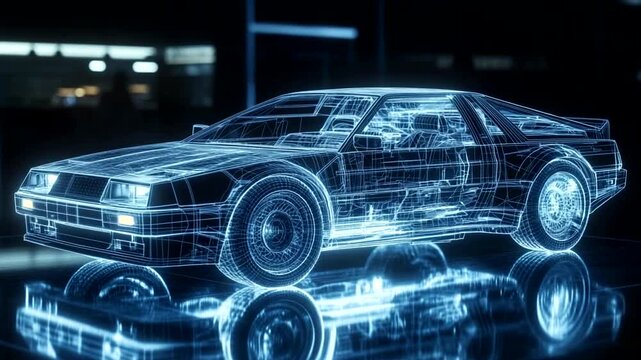 Futuristic wireframe car model in a neon-lit garage