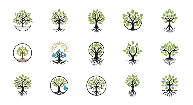 Dotted tree logo icons with roots and leaves in green and gray