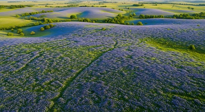 A panoramic aerial view of rolling hills covered in a vibrant carpet of blue-bonnet wildflowers blooming in the Texas countryside during the spring season