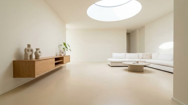 A bright, modern living room with seamless ecru epoxy resin floor, white sofa and coffee table, illuminated by a skylight.