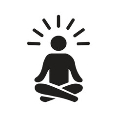 silhouette illustration of a person meditating. A person meditating typically sits quietly with their body upright but relaxed. They close their eyes, regulate their breathing rhythm slowly, and focus © Fajriarianto