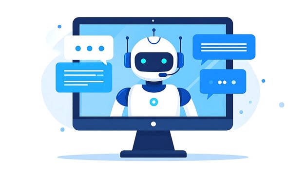 Robot chatting on computer screen display.