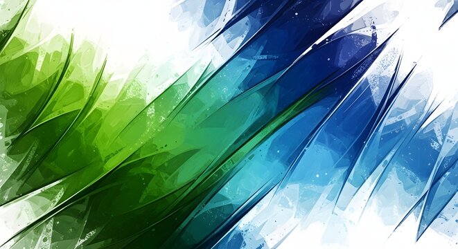 Dynamic abstract streaks of vivid green and deep blue paint blend and overlap, creating a sense of movement and energy in this artwork.