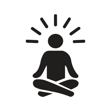 silhouette illustration of a person meditating. A person meditating typically sits quietly with their body upright but relaxed. They close their eyes, regulate their breathing rhythm slowly, and focus