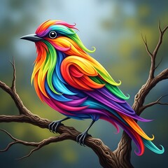Fototapeta premium Vibrantly colored bird with iridescent feathers sits perched on a textured tree branch against a blurred background.