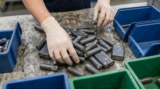 Battery recycling, human hands sorting batteries in the factory and eco-friendly process Top view battery energy cell macro shot &mdash; rechargeable lithium power source technology