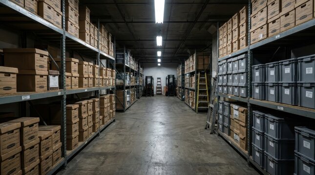 Vast warehouse interior showcasing towering shelves packed tightly with cardboard boxes for bulk storage