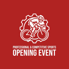 Fototapeta premium Dynamic Cyclist Emblem Displaying Competitive Cycling Event Announcement on Red Backing