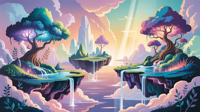 A dreamy digital illustration of a surreal fantasy landscape featuring multiple floating islands sus
