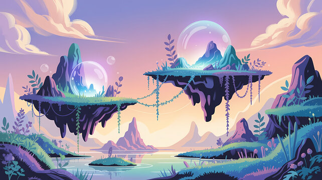 A dreamy digital illustration of a surreal fantasy landscape featuring ethereal floating islands sus